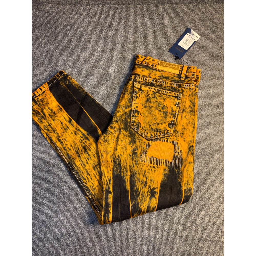 New Fashion Jeans Men's 36 Orange Black Patchwork Distressed Straight Leg Grunge